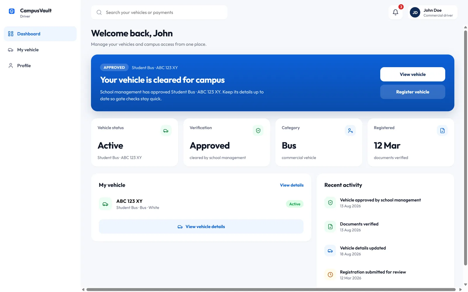 Vehicle registration in the CampusVault driver dashboard